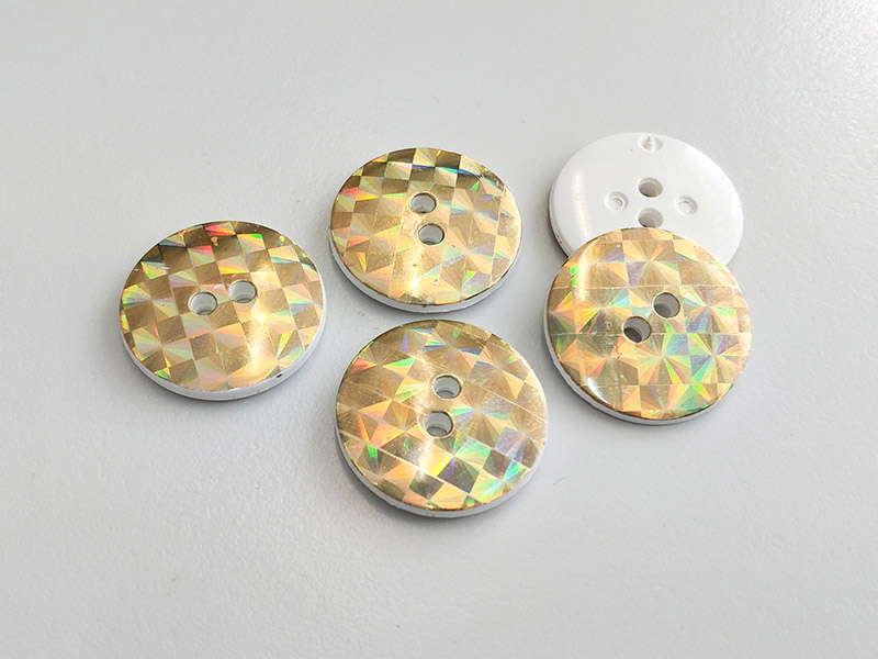 www.knopfparadies.de - 6298gg -Holografisch gold glitzernde Kunststoffknöpfe - B-WARE!