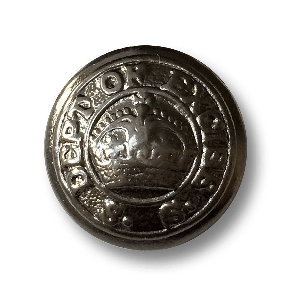 Eleganter eisenfb. Metall Knopf mit Krone & Inschrift