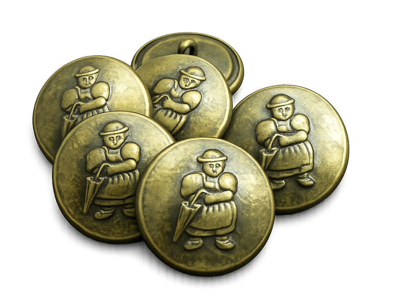 Trachtenknopf aus Metallblech altmessingfarben mit Figurenmotiv