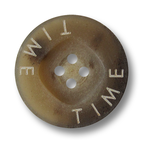 www.Knopfparadies.de - 2661hb - Moderne braune Kunststoffknöpfe in Horn Optik mit weißem Schriftzug "TIME"