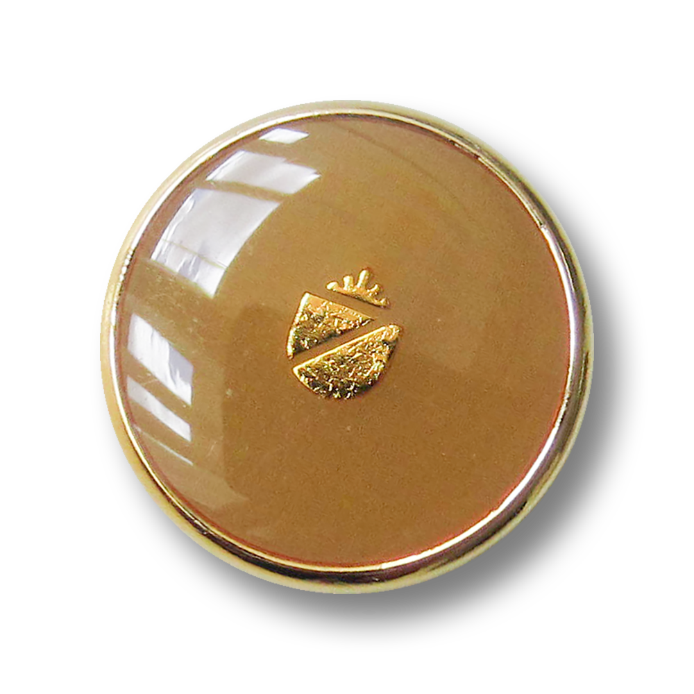 Metall Knopf mit Wappen in glänzend Hellbraun und Goldfarben