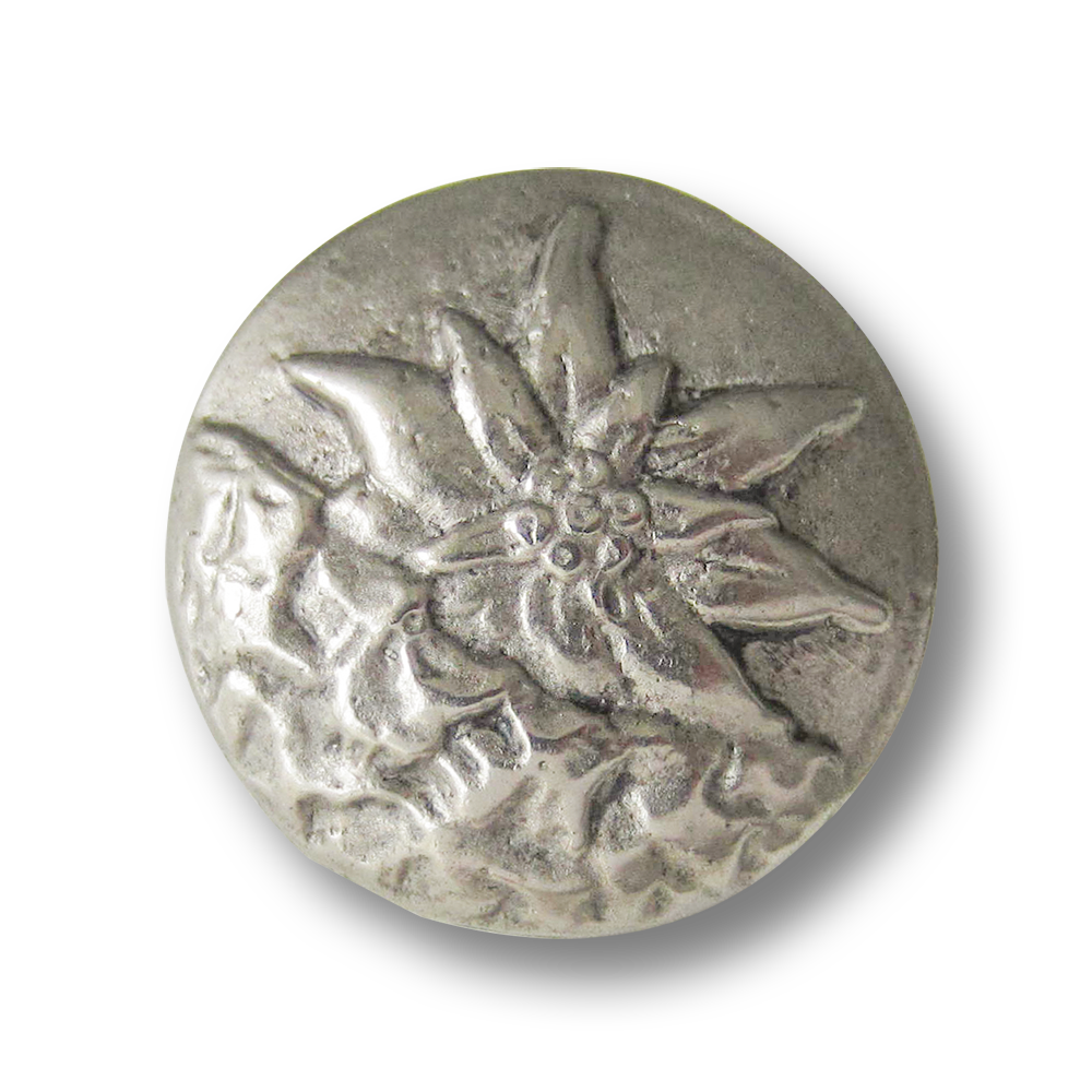 Großer altsilberfarbener Trachten Metall Knopf mit Edelweiß