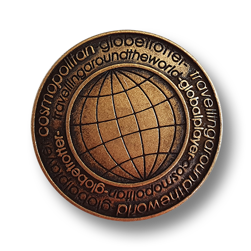 www.knopfparadies.de - 3121am - Altmessingfarbene Metallknöpfe mit Motiv: Globetrottert