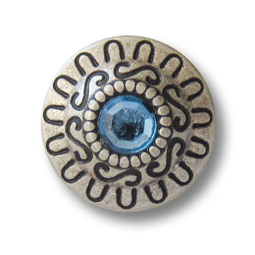www.knopfparadies.de - 3440bl - Altsilberfarbene Metallknöpfe mit blauem Glitzerstein