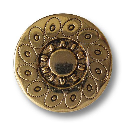www.Knopfparadies.de - 0560ag - Altgoldfarbene Metallknöpfe mit Kreismuster und Schriftzug