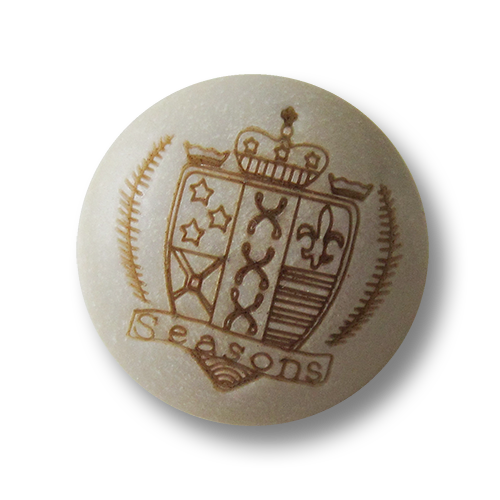 Gewölbter beiger Kunststoff Ösen Knopf mit Wappen Motiv