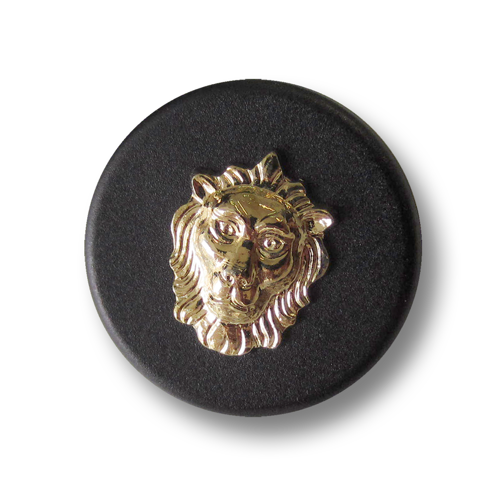 Eleganter schwarzer Ösen Knopf mit goldfb. Löwen Kopf