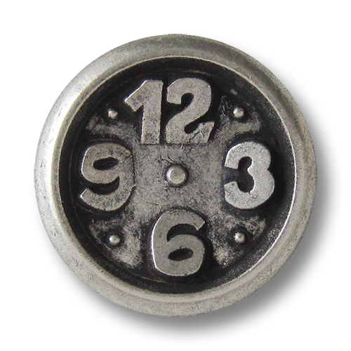 www.Knopfparadies.de - 0285as - Originelle Metallknöpfe in Altsilber mit Uhr Motiv