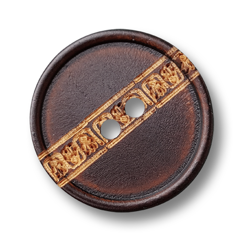 Brauner Holz Knopf mit Zier Bordüre und zwei Knopflöchern