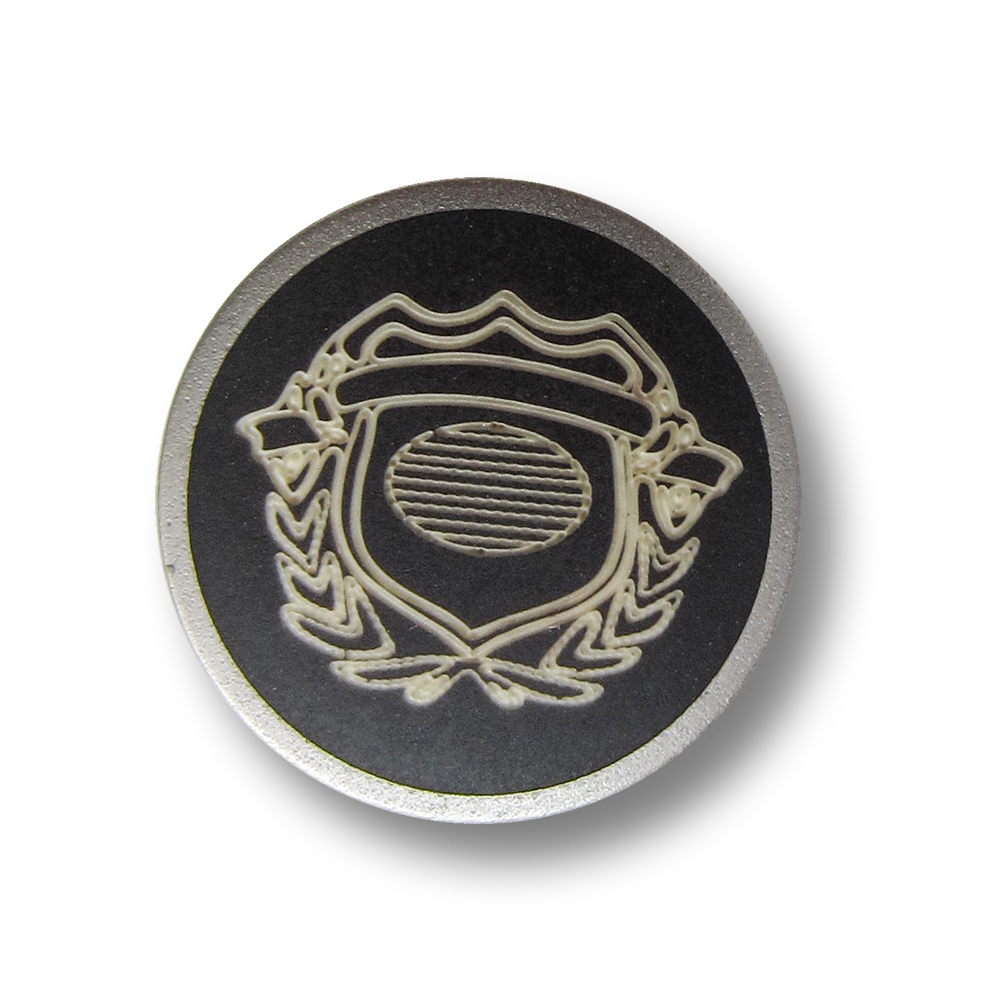 Schwarz silberfb. Metall Knopf mit naturweißem Wappen