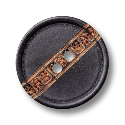 Schwarzer Holz Knopf mit Zier Bordüre und zwei Knopflöchern
