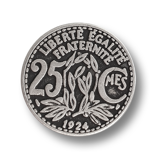 www.knopfparadies.de - j067as - Altsilberfarbener Münzknopf - Französische Münze 25 Centimes