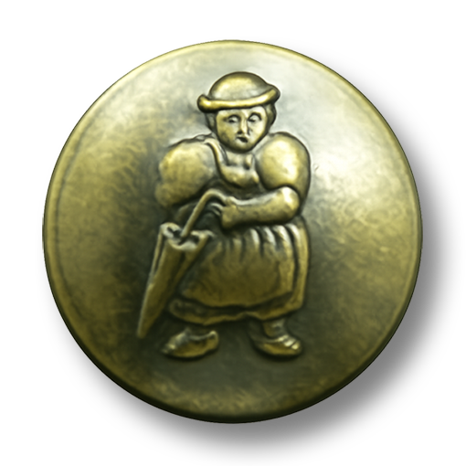 Trachtenknopf aus Metallblech altmessingfarben mit Figurenmotiv