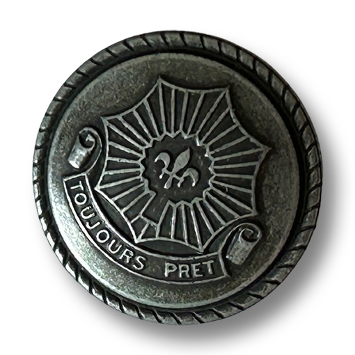 Eisenfarbener Metallknopf mit Toujours Prêt Wappen und Fleur-de-Lis
