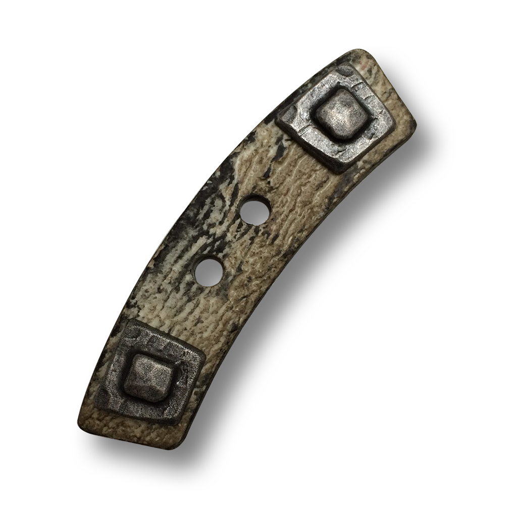 www.Knopfparadies.de - 5533br - Rustikale gebogene Knebelknöpfe mit Metall Optik Applikation