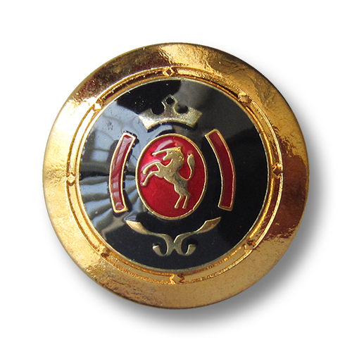 www.Knopfparadies.de - 0317rg - Blau rot goldene Metallknöpfe mit Einhorn Wappen