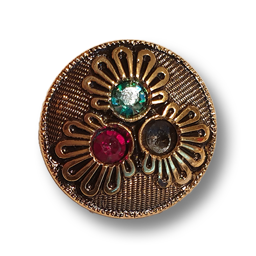 www.knopfparadies.de - d185ag - Altgoldfarbene Knöpfe mit dreierlei Glitzersteinchen