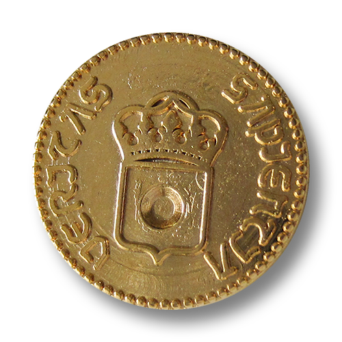 www.Knopfparadies.de - 3025go - Goldene Metallknöpfe mit Wappen, Krone & lat. Inschrift in Münz Optik