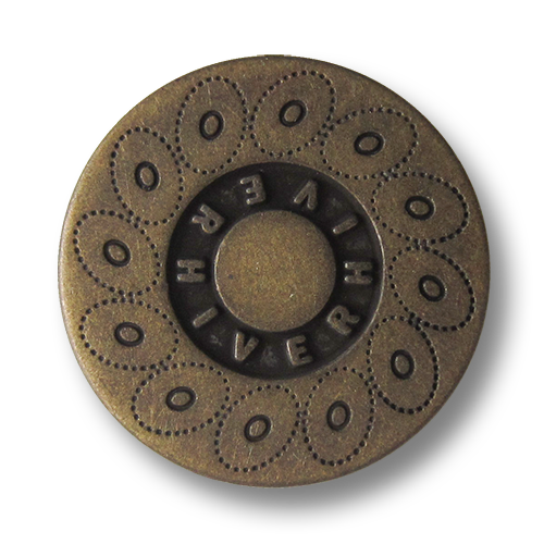 www.Knopfparadies.de - 0560am - Altmessingfarbene Metallknöpfe mit Kreismuster und Schriftzug