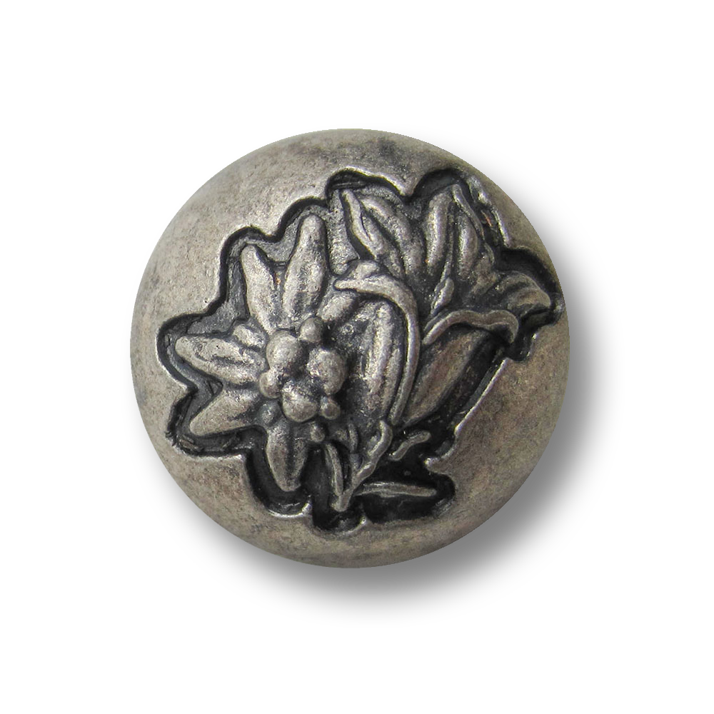 Großer altsilberfb. Metall Knopf mit Enzian & Edelweiß
