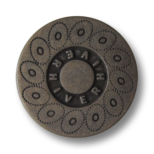 www.Knopfparadies.de - 0560dm - Dunkel altmessingfarbene Metallknöpfe mit Kreismuster und Schriftzug
