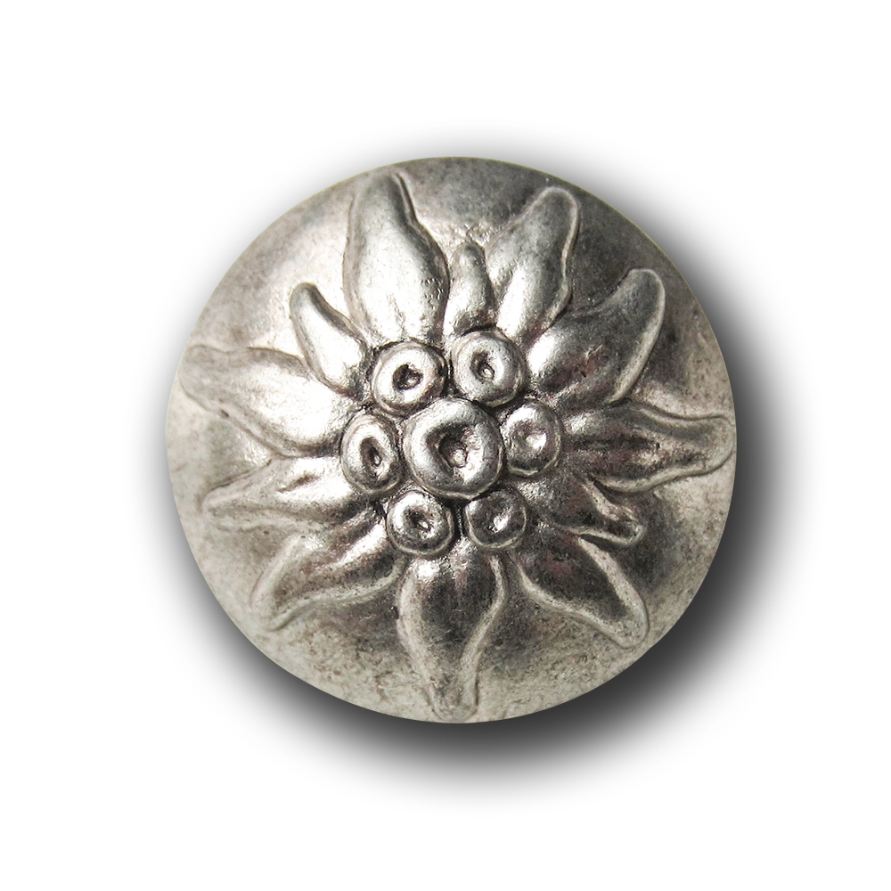 Stark gewölbter altsilberfb. Edelweiß Knopf aus Metall