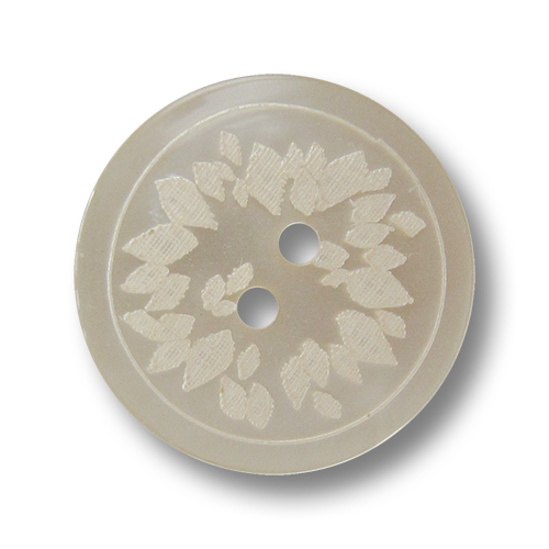 Cremeweißer Zweiloch Kunststoff Knopf in Perlmutt Optik mit floralem Motiv