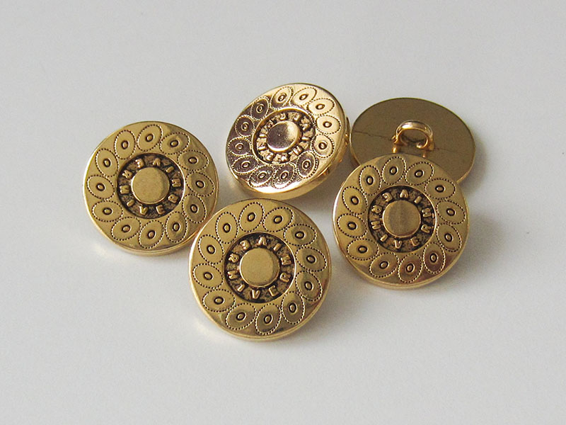 www.Knopfparadies.de - 0560ag - Altgoldfarbene Metallknöpfe mit Kreismuster und Schriftzug
