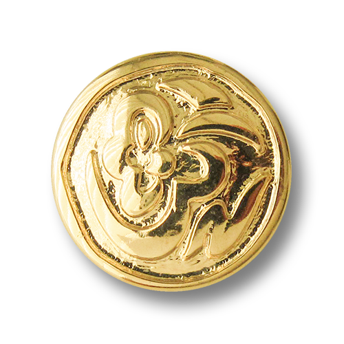 Kunststoffknopf mit Öse in Metallic Goldfarben und verspieltem Muster