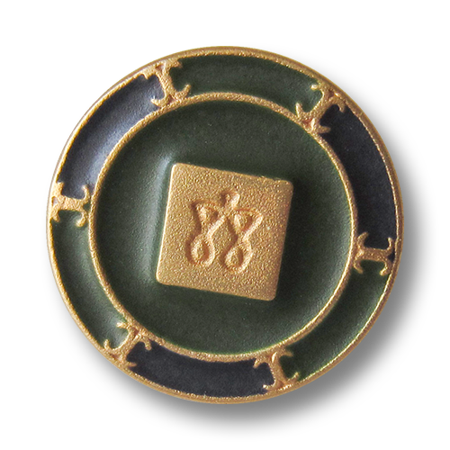 www.Knopfparadies.de - 4022gr - Imposante goldene Metallknöpfe mit Viereck, Symbolen und grünen & blauen Flächen