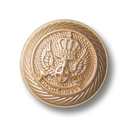 Prunkvoller Metall Ösen Knopf in Goldfarben mit Krone, Flügeln und Anker