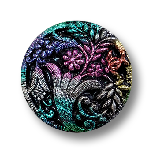 www.knopfparadies.de - 4531bu - Bunt schillernde Kunststoffknöpfe mit floralem Muster