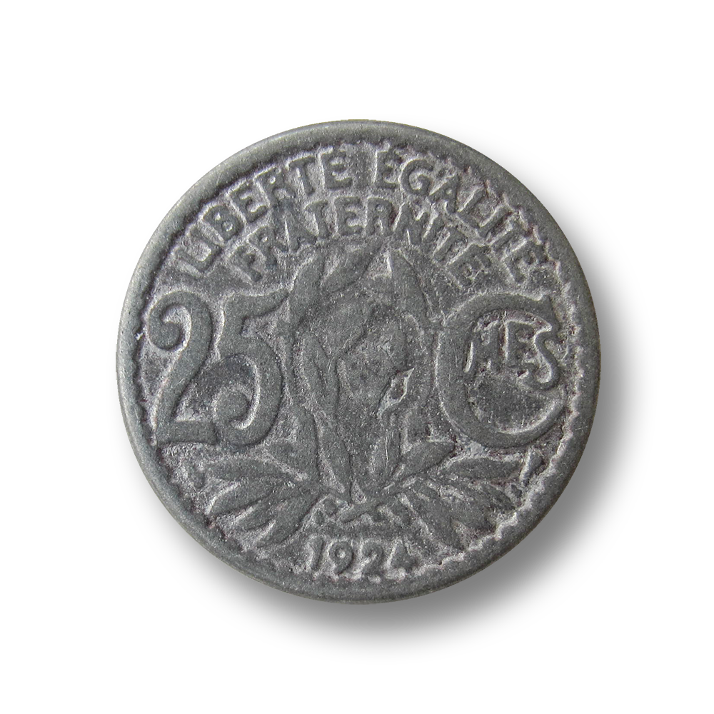 Flacher eisenfarbener Metall Ösen Knopf wie frz. 25 Centime Münze von 1924