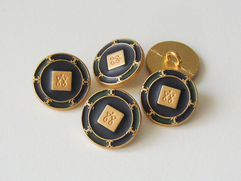 www.Knopfparadies.de - 4022db - Imposante goldene Metallknöpfe mit Viereck, Symbolen und grünen & blauen Flächen