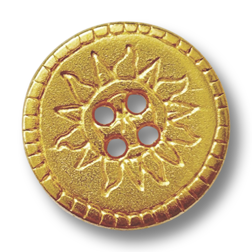 www.knopfparadies.de - 3867go - Runder goldglänzender Metallknopf mit geprägtem Sonnenmotiv, verzierten Strahlen, strukturiertem Hintergrund
