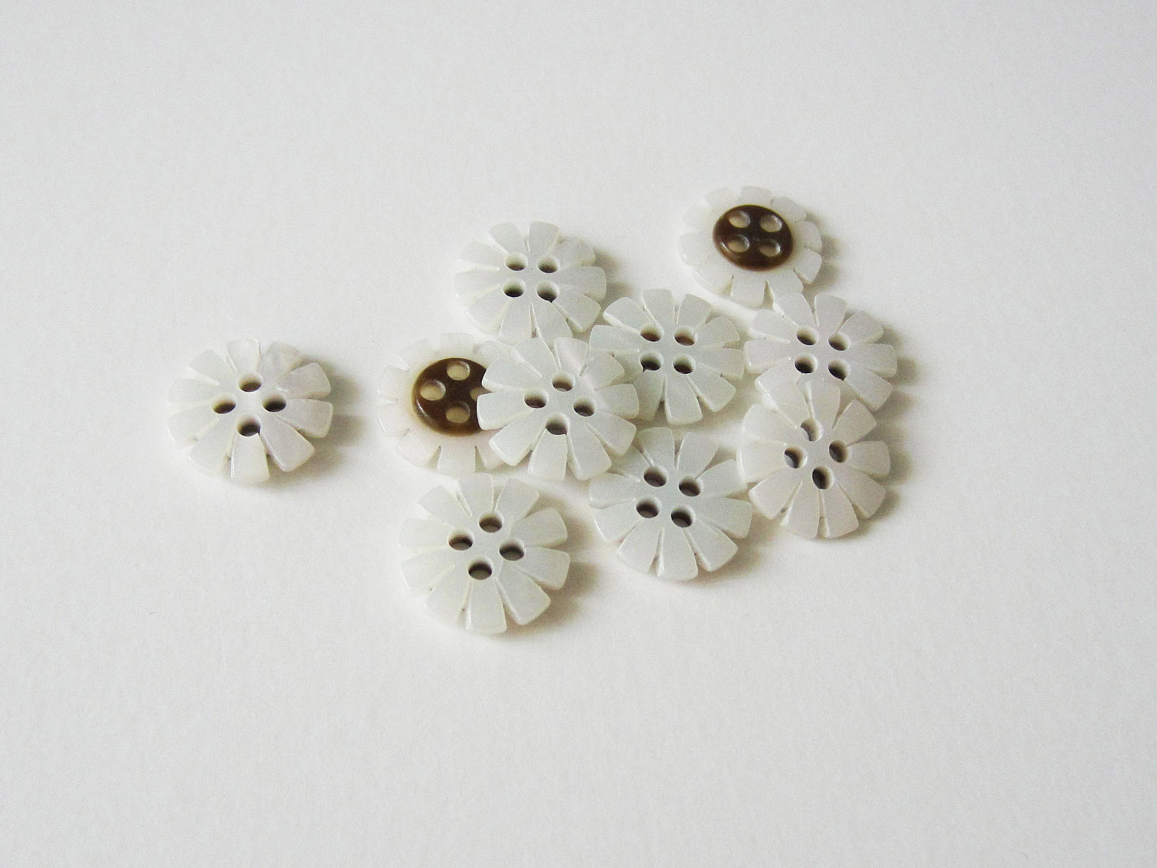 Kleiner Blumen Knopf in Perlmuttweiß aus Kunststoff mit vier Knopflöchern