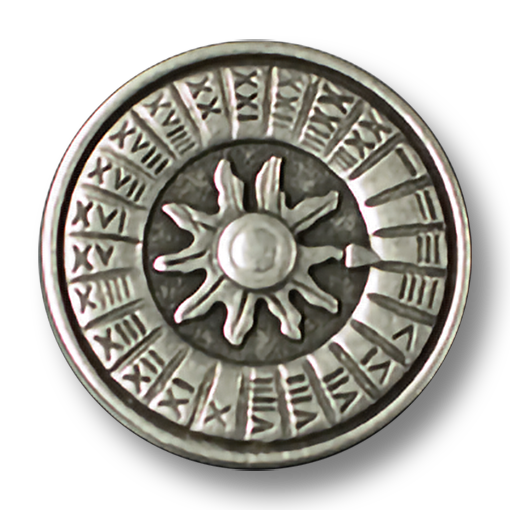 Alt-silberfarbene Metallknöpfe mit Sonnenmotiv und Zeichenmuster