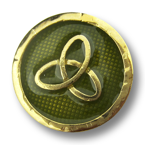 www.knopfparadies.de - d337gr - Goldfarbene Metallknöpfe mit olivgrüner Einlage und Schlaufenornament