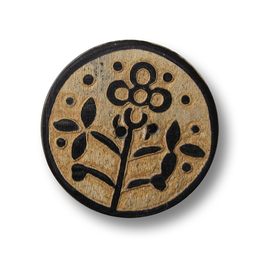 Flacher Büffelhorn Knopf mit ländlichem Blumen Motiv (0183bf)