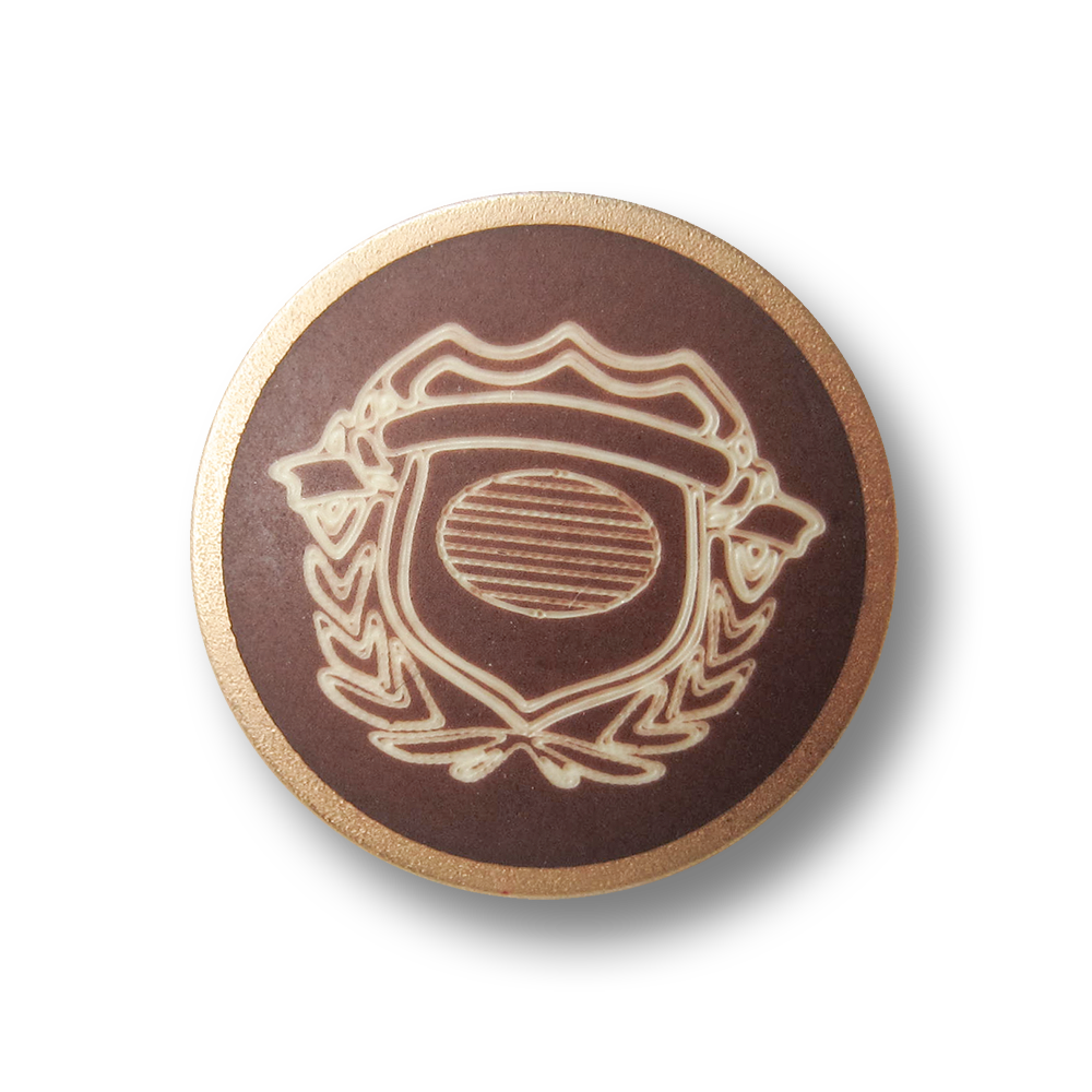 Mittelbraun goldfb Metall Knopf m. naturweißem Wappen