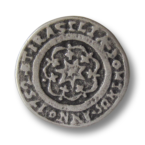 www.Knopfparadies.de - 0321as - Älter wirkende altsilberne Ösen Metallknöpfe mit Stern Motiv und Inschrift