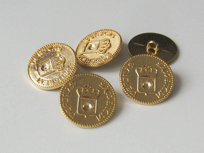 www.Knopfparadies.de - 3025go - Goldene Metallknöpfe mit Wappen, Krone & lat. Inschrift in Münz Optik