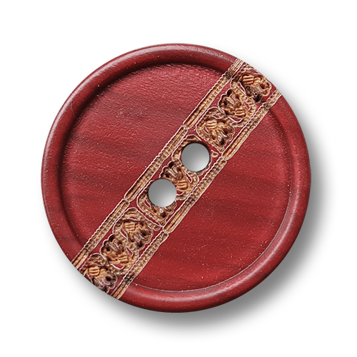 Roter Holz Knopf mit Zier Bordüre und zwei Knopflöchern