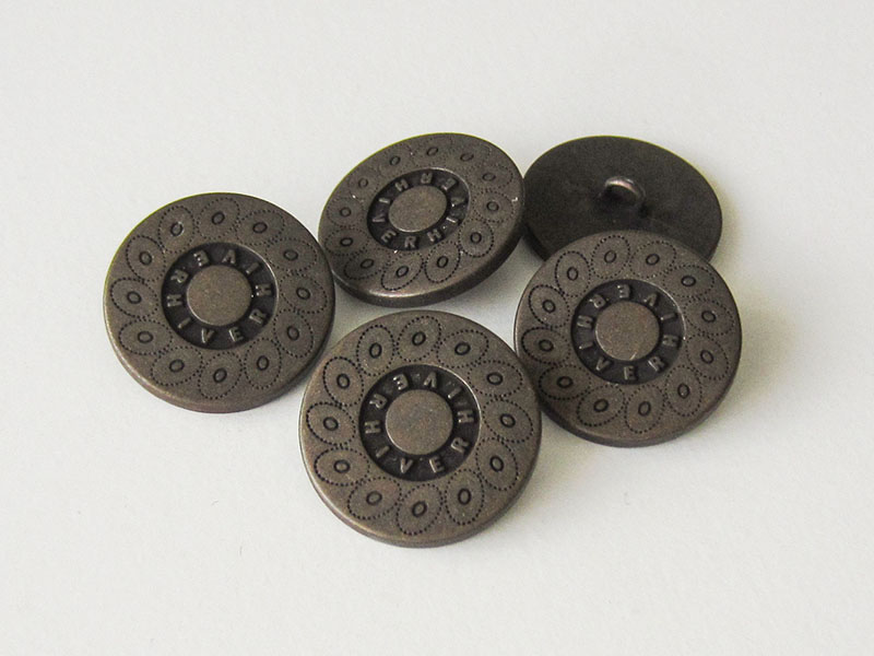 www.Knopfparadies.de - 0560dm - Dunkel altmessingfarbene Metallknöpfe mit Kreismuster und Schriftzug