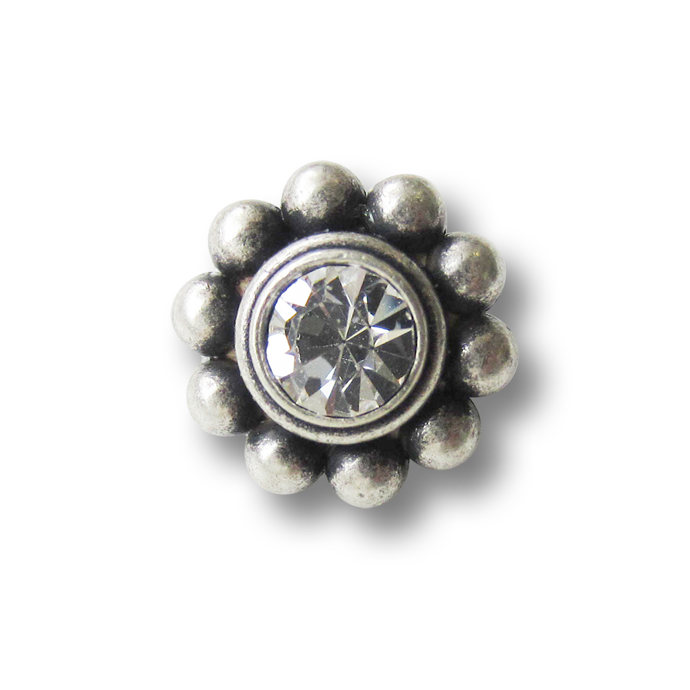 Kleiner altsilberfb. Metall Knopf mit Glitzer Stein