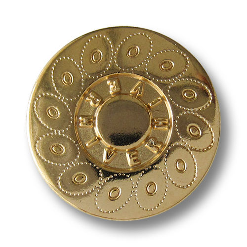 www.Knopfparadies.de - 0560gg - Goldfarbene Metallknöpfe mit Kreismuster und Schriftzug