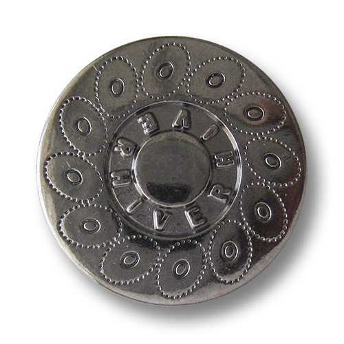 www.Knopfparadies.de - 0560ti - Chromfarbene Metallknöpfe mit Kreismuster und Schriftzug