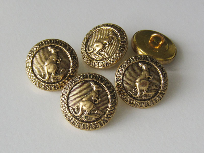 www.knopfparadies.de - 5138go - Eindrucksvolle goldene Metallknöpfe mit Känguru Motiv