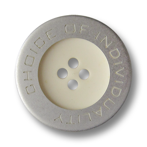 www.Knopfparadies.de - 5443sw - Moderne weiß silberne Vierloch Kunststoffknöpfe mit Schriftzug