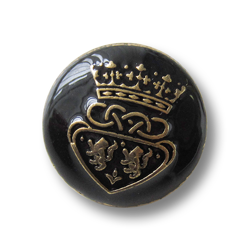 Nobler schwarz goldfb. Metall Ösen Knopf mit Krone, Wappen und Löwen